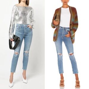 NWT RE/DONE 90s High Rise Ankle Crop Denim JEAN sz 30 Button Fly Distressed Blue